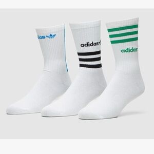 Adidas Men's White Crew Socks with Blue, Black, and Green Stripes